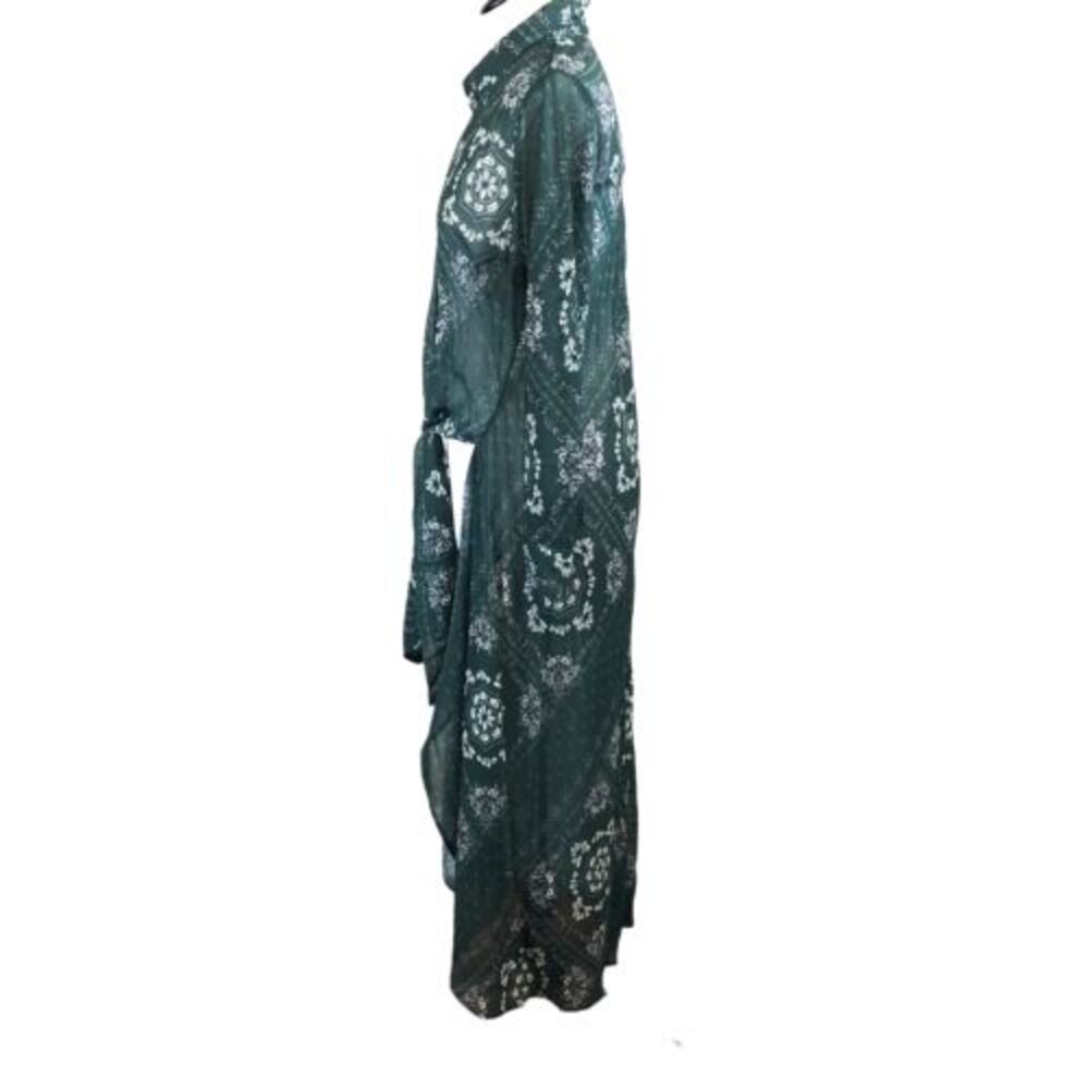 Soncy Women's SZ 12 Semi Sheer High‎ Low Duster Green White Bandana Print - Picture 7 of 8